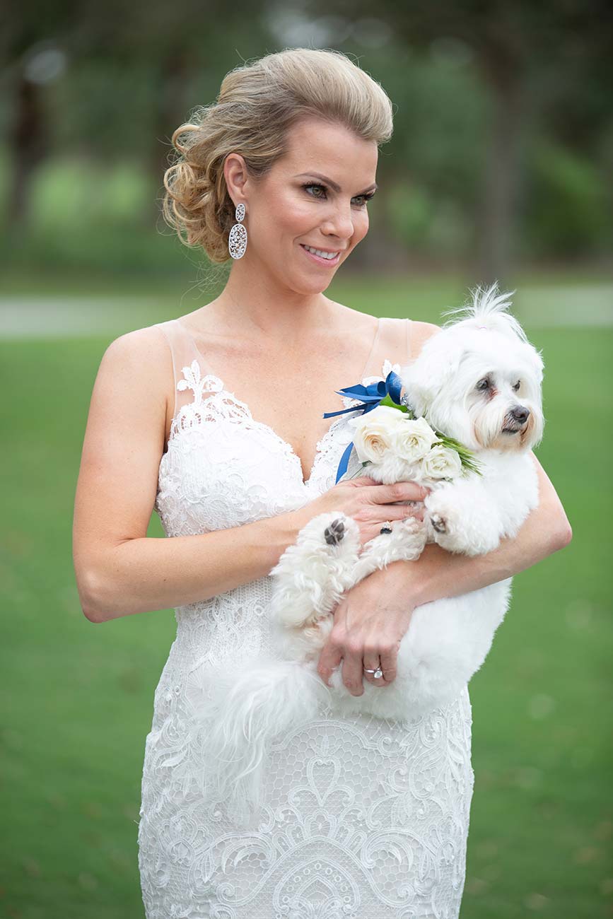 Bride holding a small white dog